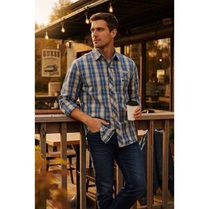 GUESS Men's‎ Plaid Button Down Shirt Blue Tan Long Sleeve Size Large L/G